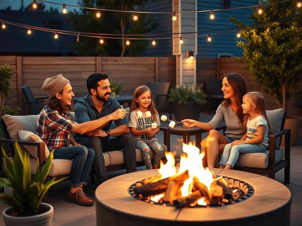 Family enjoying an evening around an outdoor fire pit area with string lights