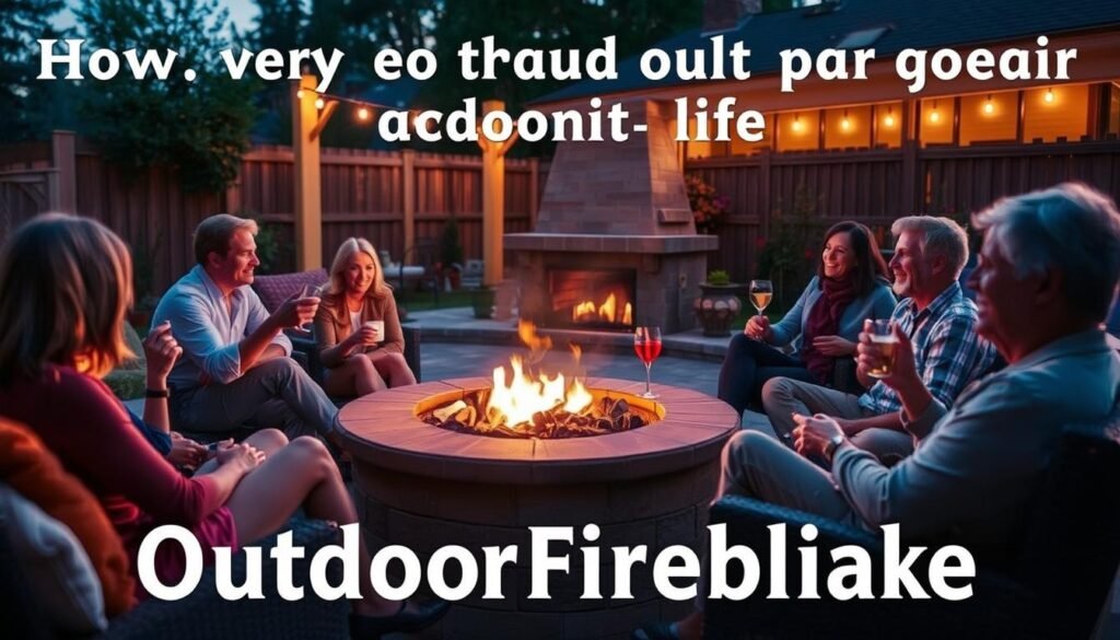 Family enjoying an evening around an outdoor fireplace