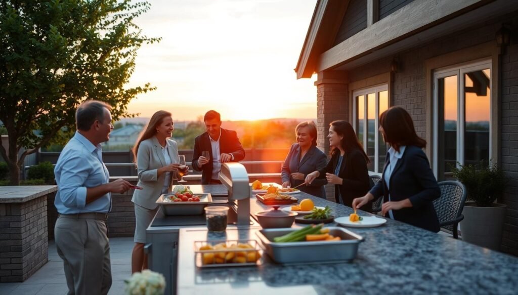 Family enjoying completed DIY outdoor kitchen