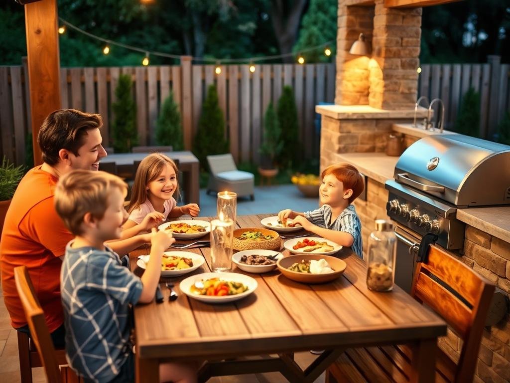 Family enjoying dinner at outdoor kitchen dining area