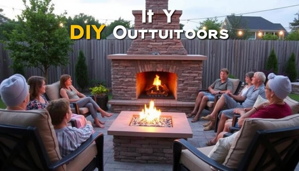 Family enjoying evening around completed DIY outdoor fireplace