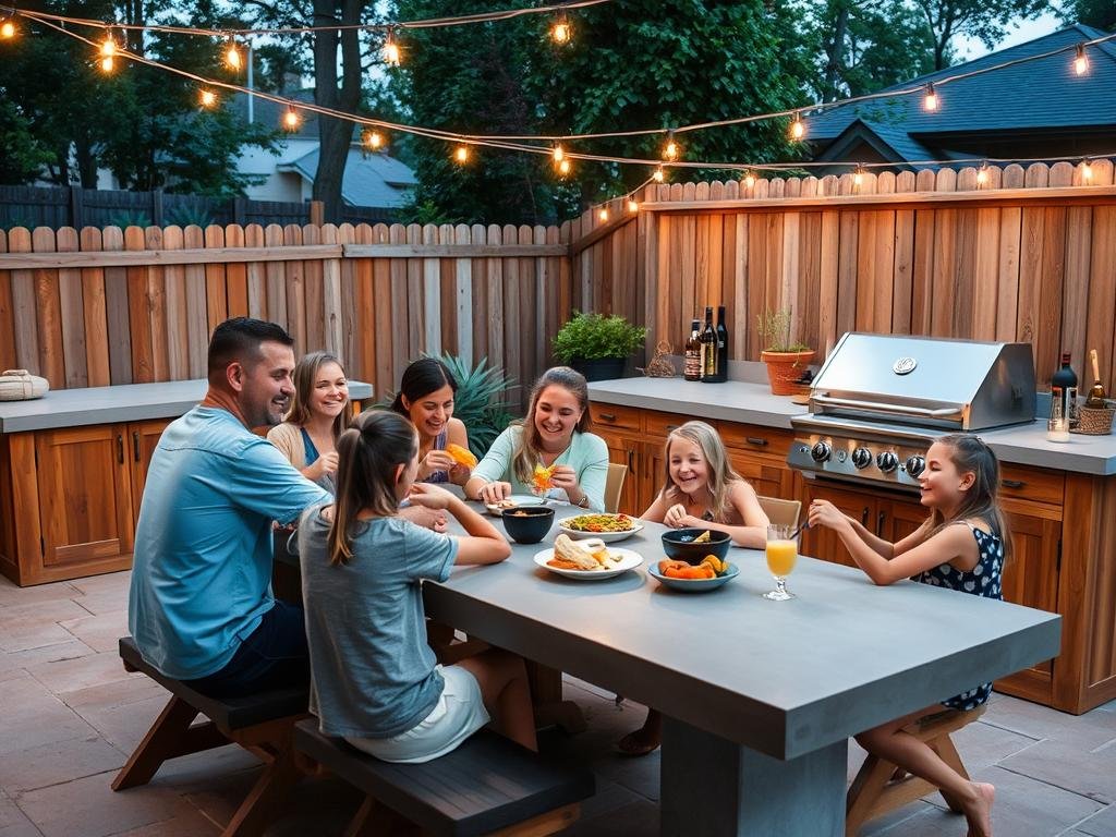 Family enjoying meal at DIY outdoor kitchen