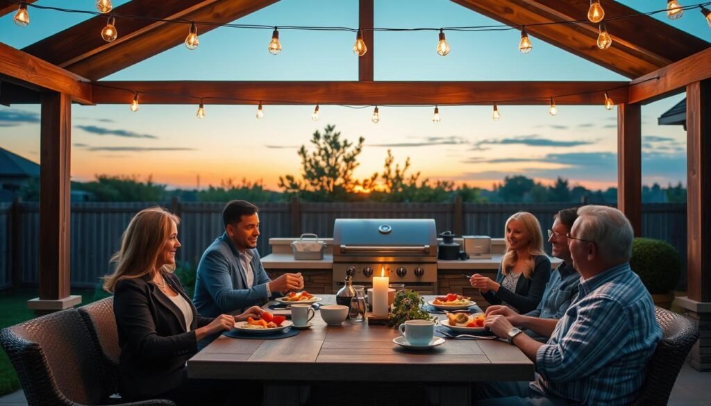 Family enjoying meal in completed DIY outdoor kitchen