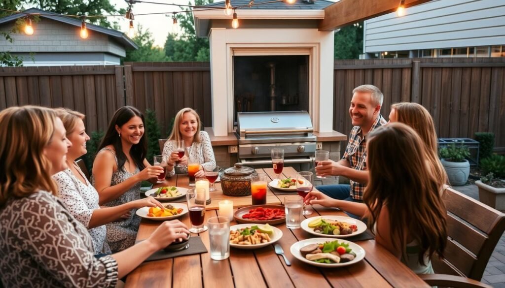 Family enjoying meal in completed budget DIY outdoor kitchen Family enjoying meal in completed budget DIY outdoor kitchen