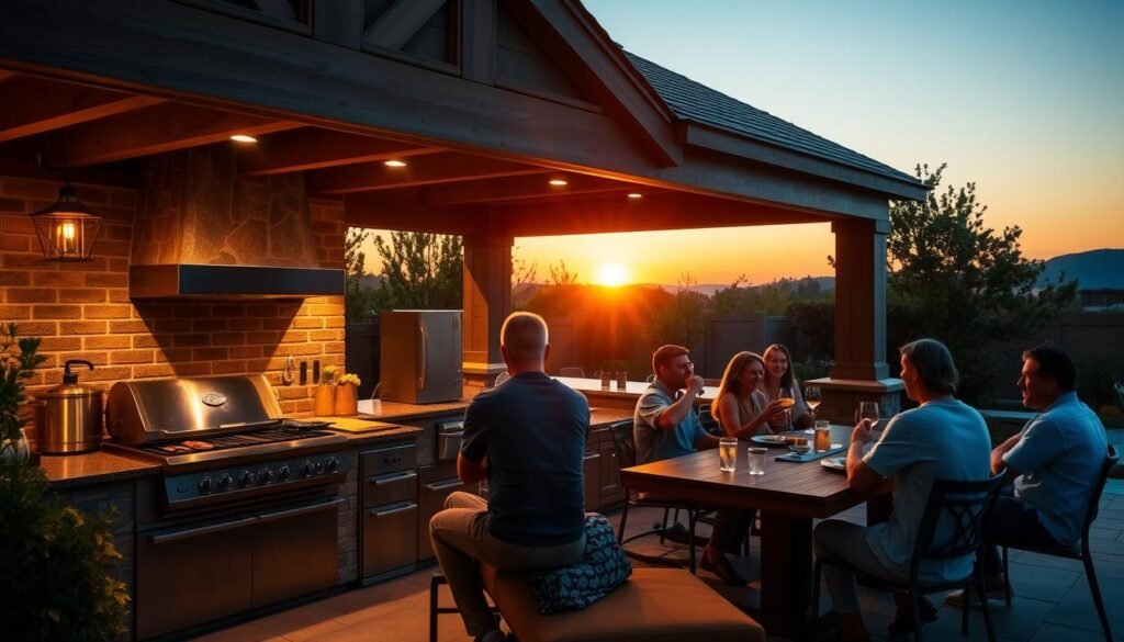 Family enjoying meal in completed outdoor kitchen at sunset