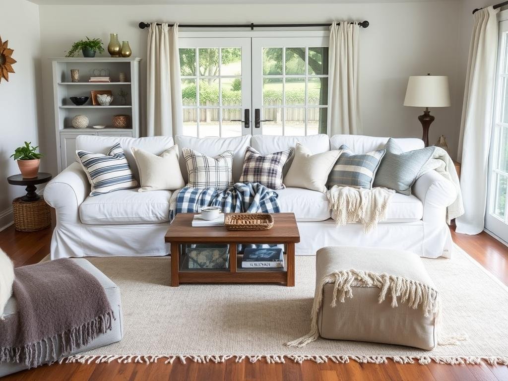 Farmhouse living room with layered textiles including throw blankets, pillows, and area rugs Farmhouse living room with layered textiles including throw blankets, pillows, and area rugs
