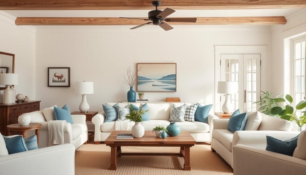 Farmhouse living room with neutral base colors and strategic pops of blue and green Farmhouse living room with neutral base colors and strategic pops of blue and green