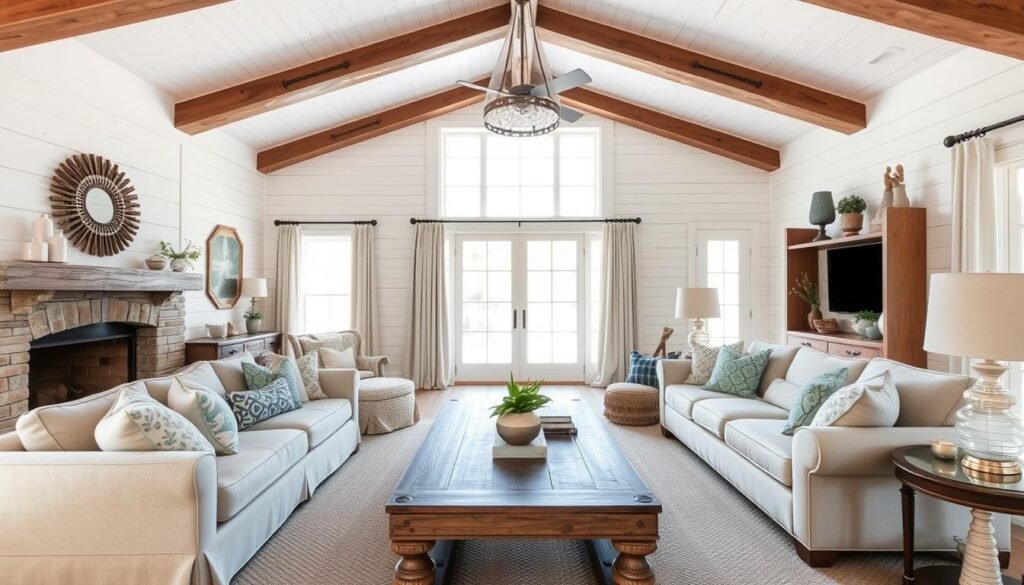 Farmhouse living room with shiplap walls, rustic beams, and comfortable seating Farmhouse living room with shiplap walls, rustic beams, and comfortable seating