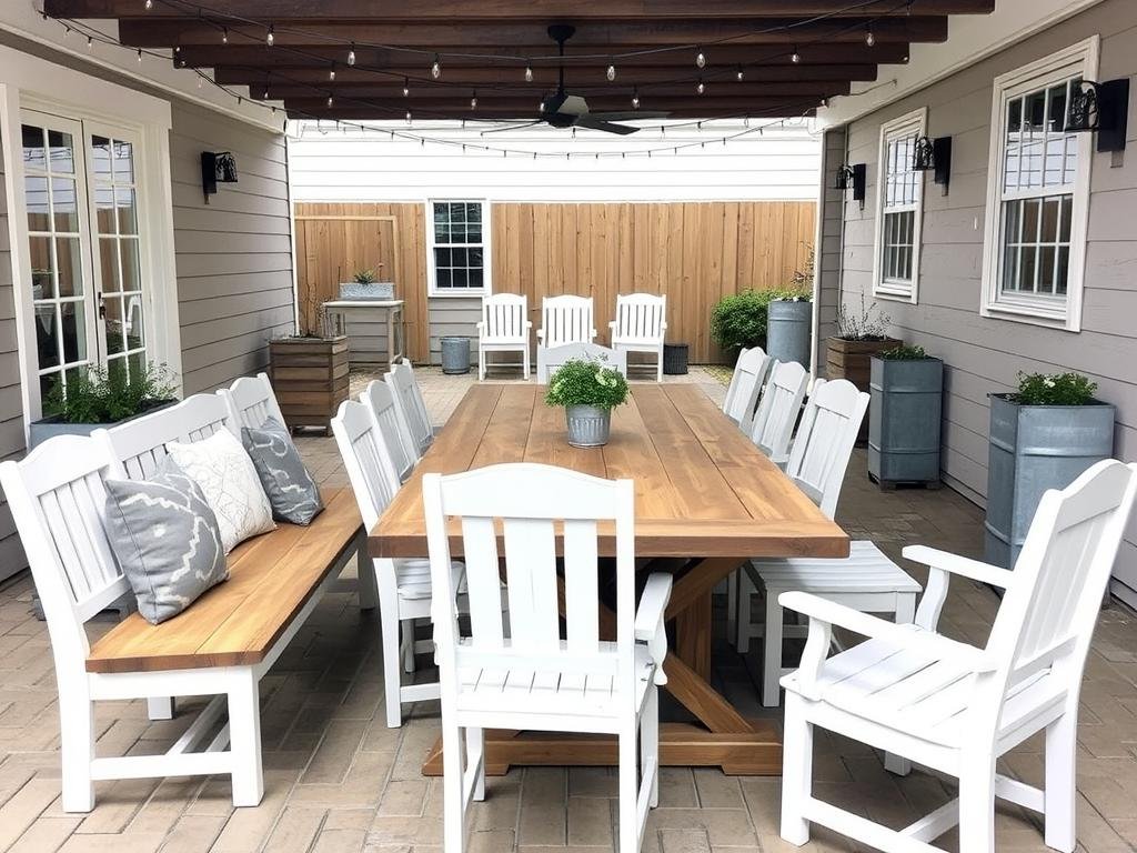 Farmhouse outdoor furniture with distressed wood and simple designs