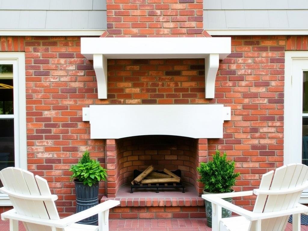 Farmhouse style brick outdoor fireplace with white wooden mantel