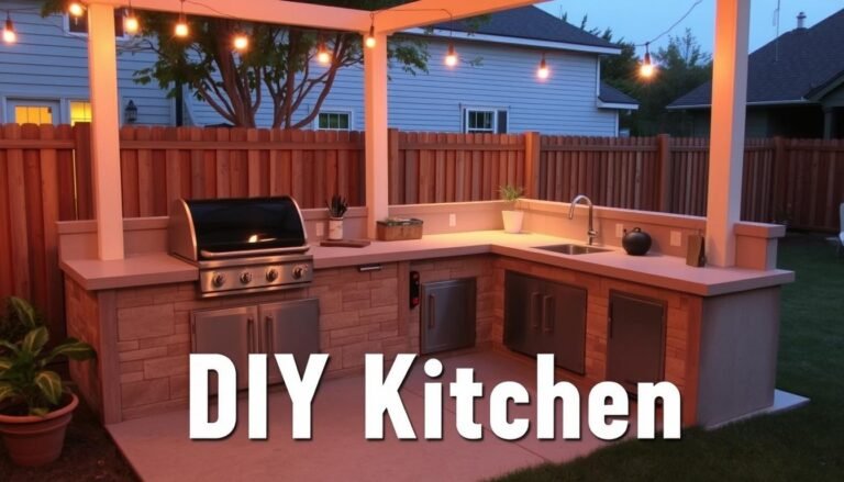 Finished DIY outdoor kitchen on a budget with grill, countertop and storage