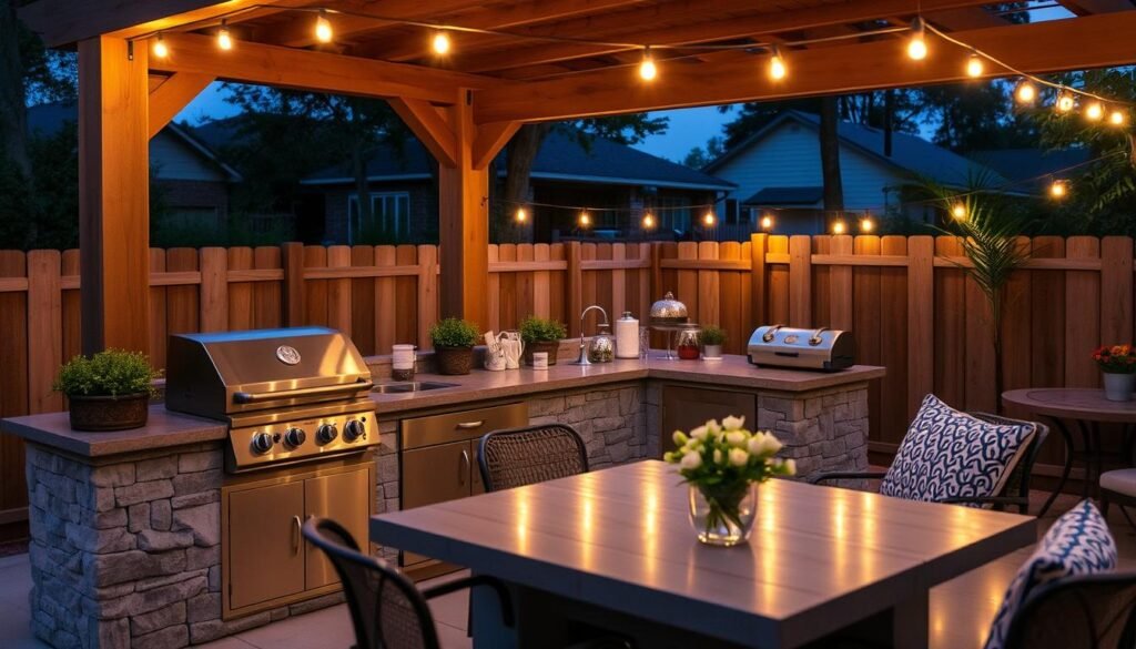 Finished DIY outdoor kitchen with lighting and decorative elements Finished DIY outdoor kitchen with lighting and decorative elements