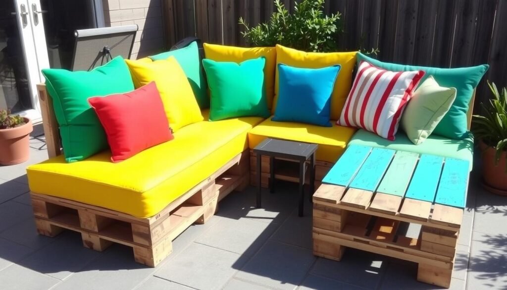 Finished DIY pallet sofa with colorful cushions on a patio