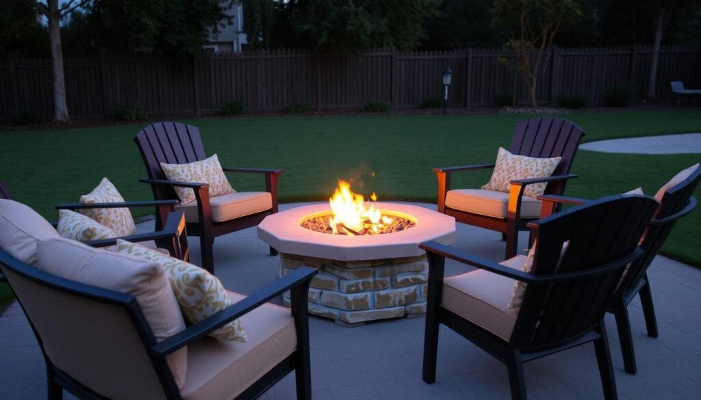 Fire pit set with chairs arranged around a central fire table at dusk