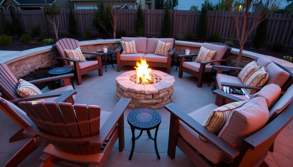 Fire pit surrounded by comfortable seating in a circular arrangement Fire pit surrounded by comfortable seating in a circular arrangement