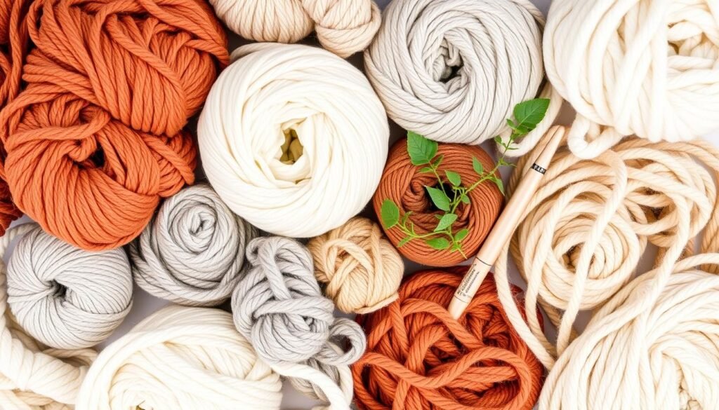 Flat lay of various yarn types and colors for crochet home decor projects Flat lay of various yarn types and colors for crochet home decor projects