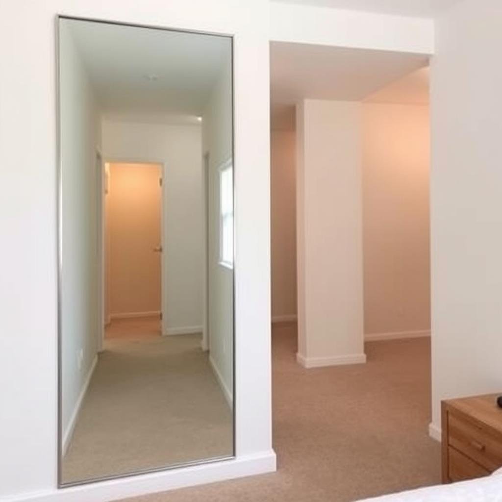 Floor-to-ceiling mirror in small bedroom creating depth Floor-to-ceiling mirror in small bedroom creating depth