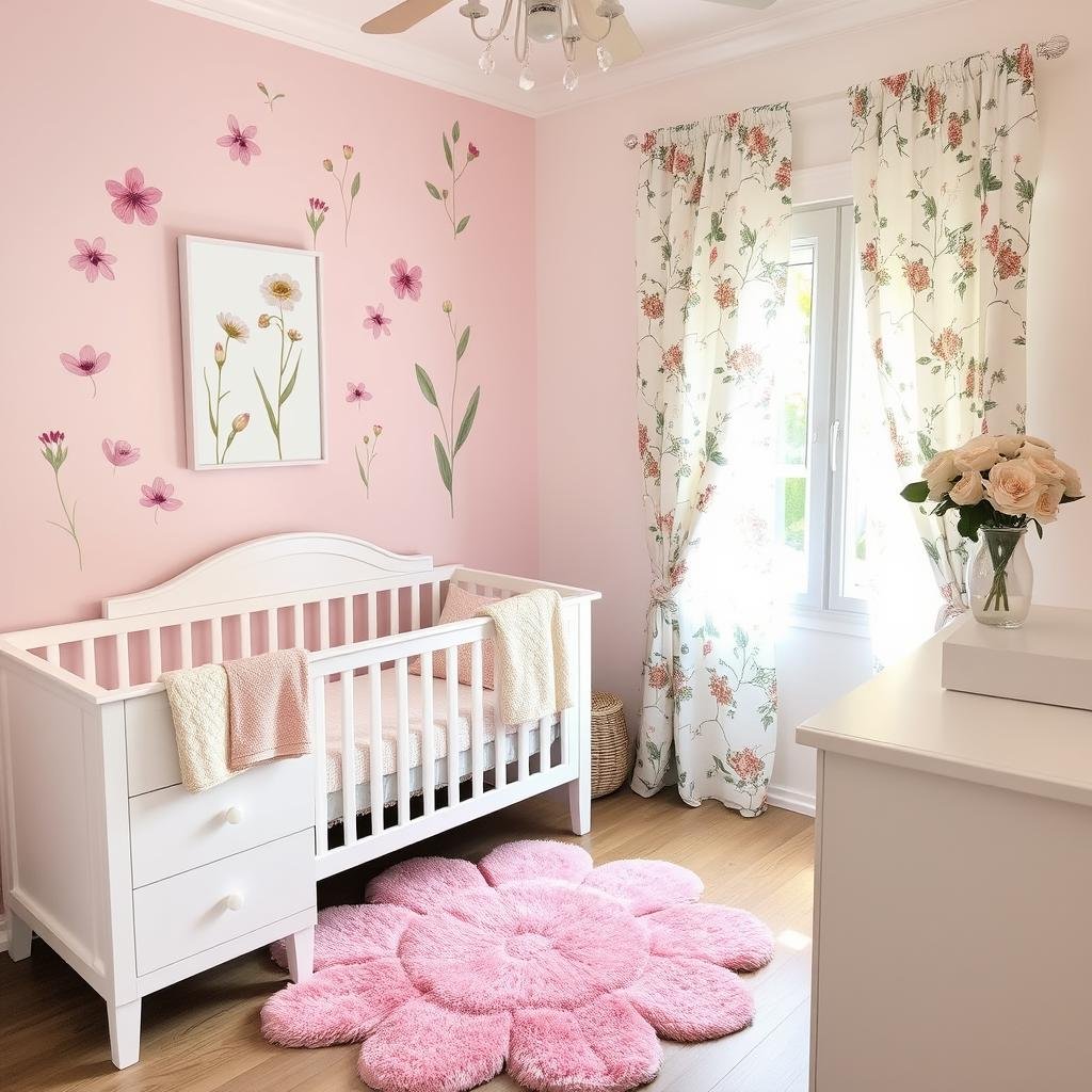 Floral baby room with pink and green botanical wall decor and white furniture