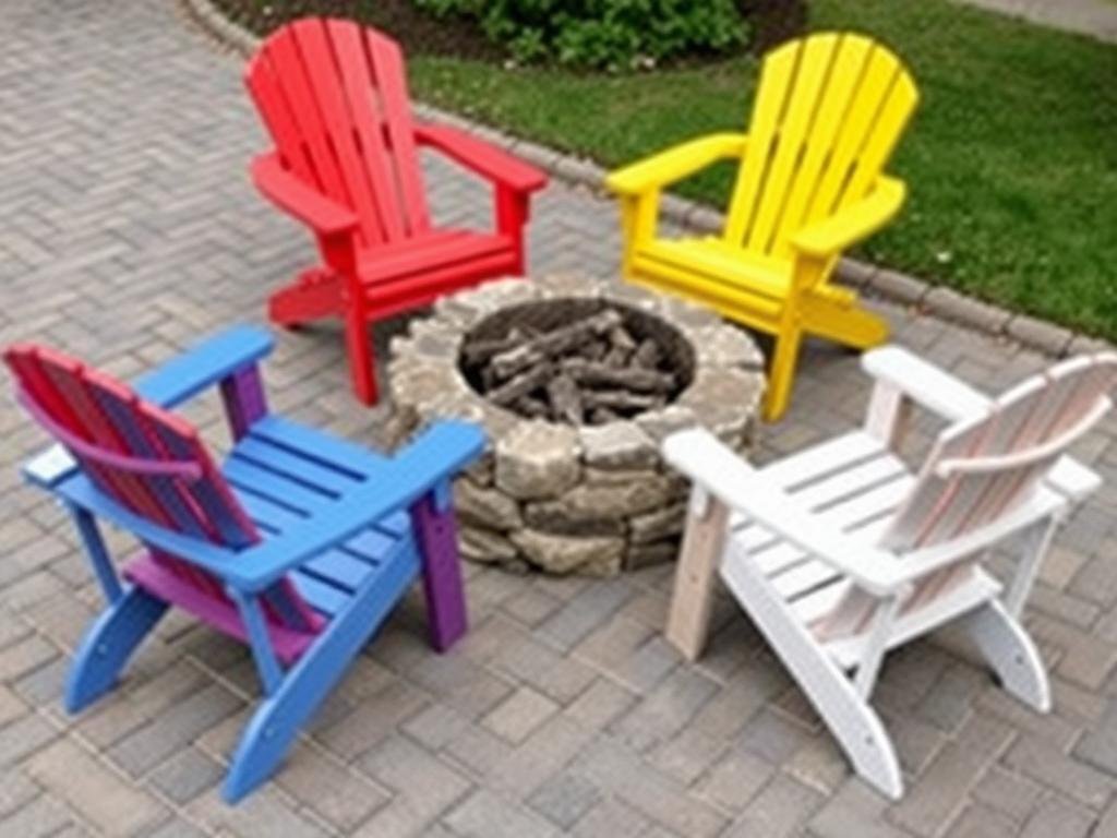 Four colorful Adirondack chairs arranged around a stone fire pit on a patio
