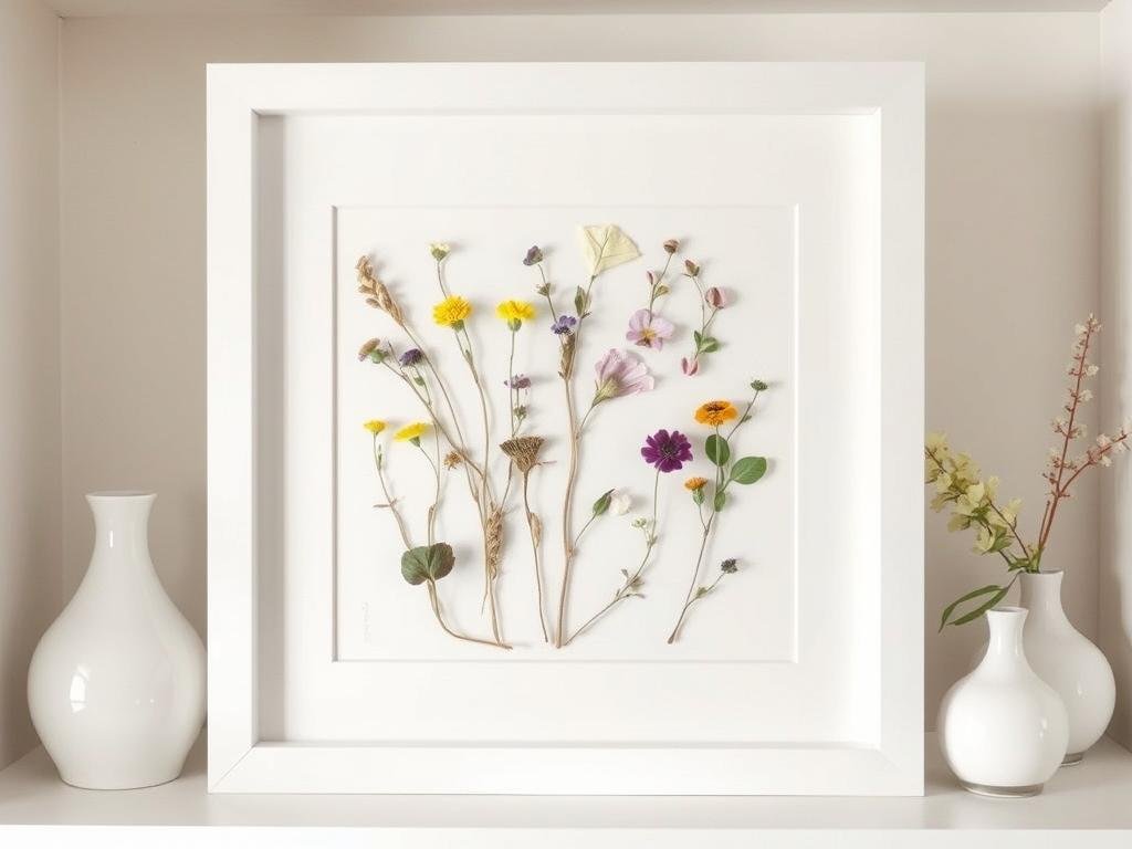 Framed pressed flowers arranged in a beautiful pattern Framed pressed flowers arranged in a beautiful pattern