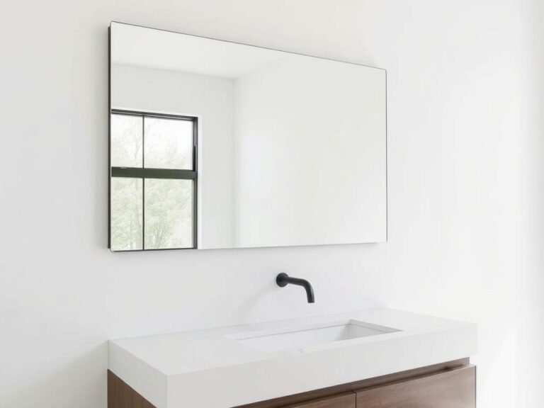 Frameless bathroom mirror above a modern vanity in a bright, minimalist bathroom