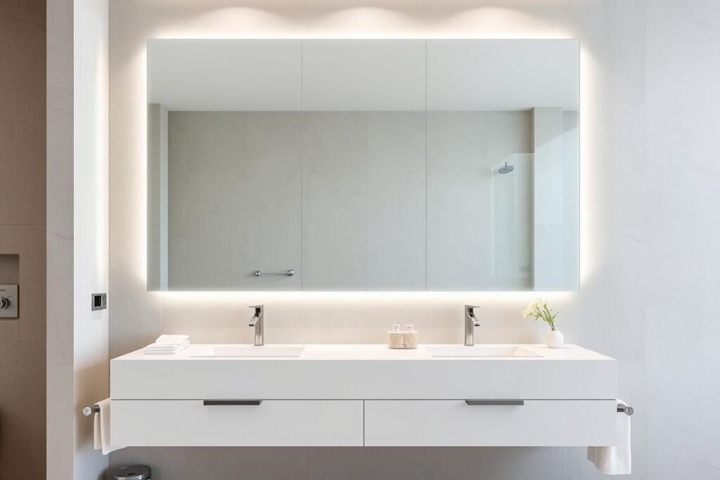 Frameless beveled mirror in minimalist bathroom Frameless beveled mirror in minimalist bathroom