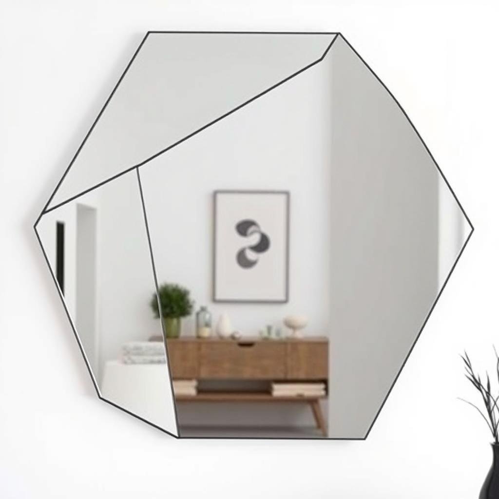 Frameless geometric mirror with irregular shape on minimalist wall Frameless geometric mirror with irregular shape on minimalist wall