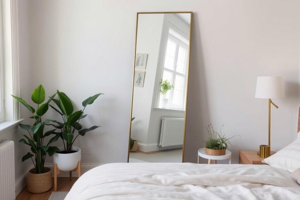 Full-length mirror in bedroom corner with plants Full-length mirror in bedroom corner with plants