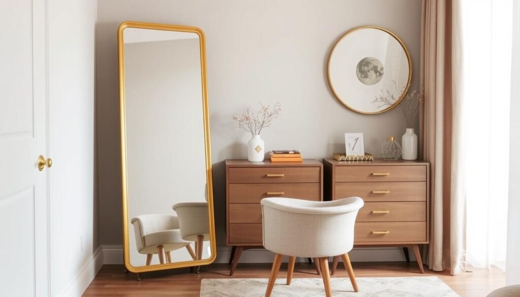 Full length mirror paired with dresser and accent chair to create a dressing area Full length mirror paired with dresser and accent chair to create a dressing area