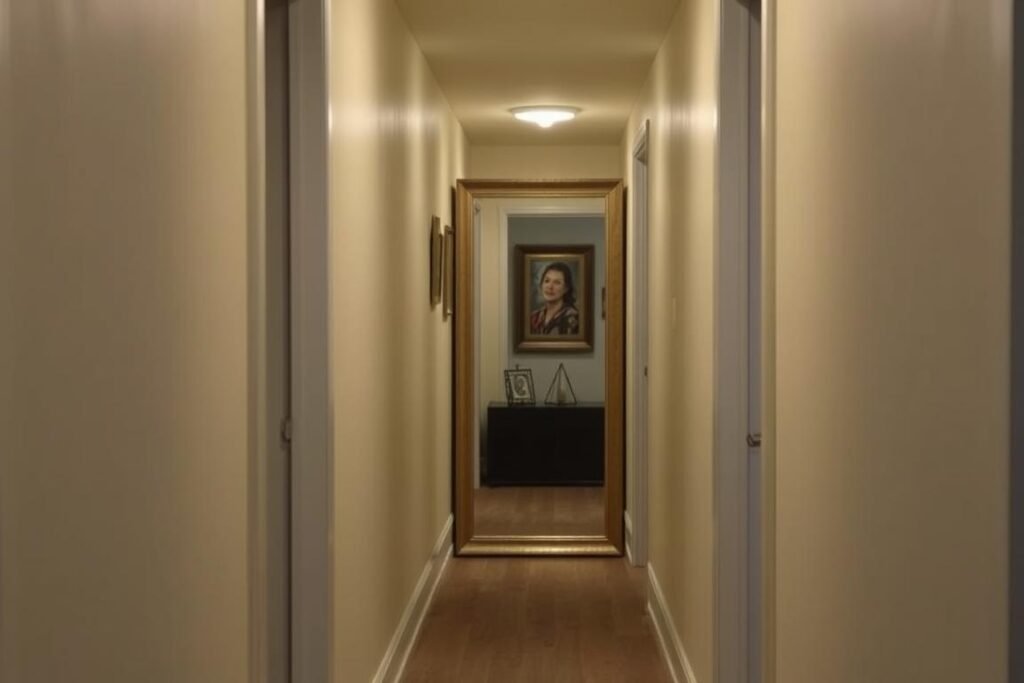 Full-length mirror placed at the end of a narrow hallway creating depth Full-length mirror placed at the end of a narrow hallway creating depth