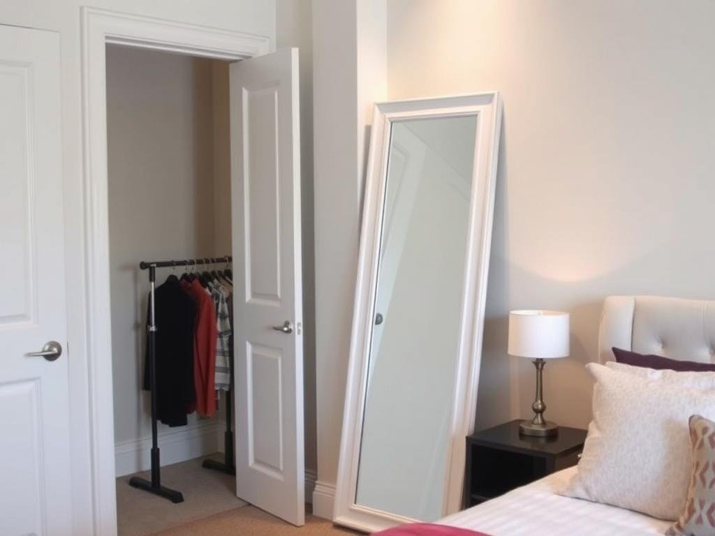 Full length mirror positioned in bedroom corner near closet Full length mirror positioned in bedroom corner near closet