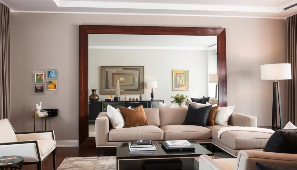 Full length mirror positioned to reflect artwork and expand living room space Full length mirror positioned to reflect artwork and expand living room space