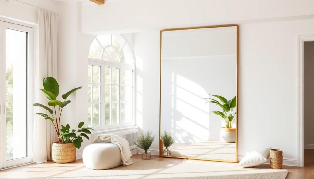 Full length mirror strategically placed to reflect window light in a living room Full length mirror strategically placed to reflect window light in a living room