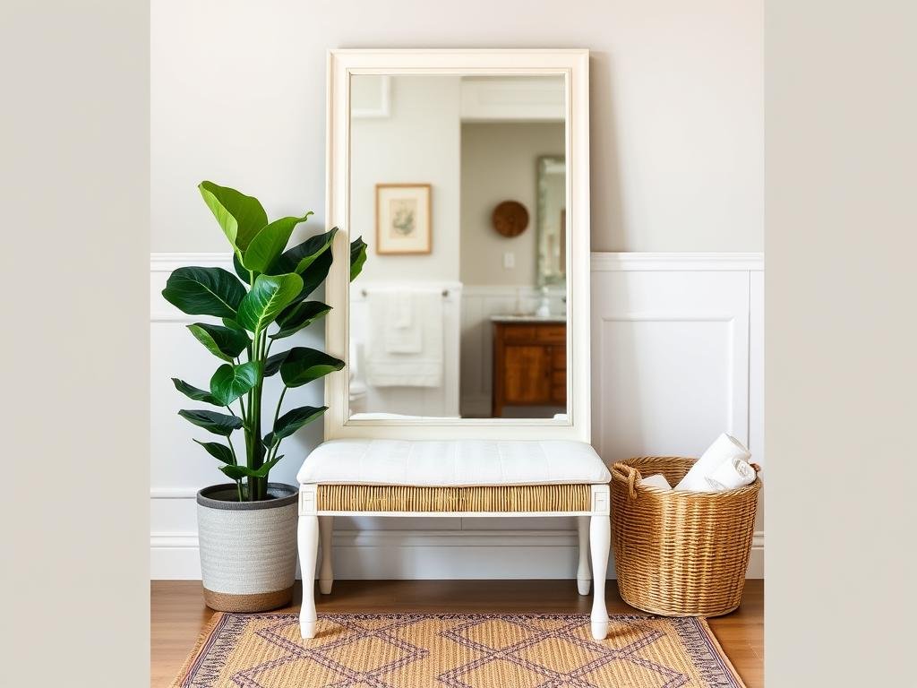 Full length mirror styled with plants, baskets and a small bench Full length mirror styled with plants, baskets and a small bench