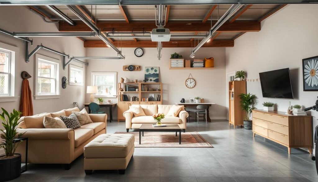 Fully transformed garage living space showing complete makeover with stylish design Fully transformed garage living space showing complete makeover with stylish design