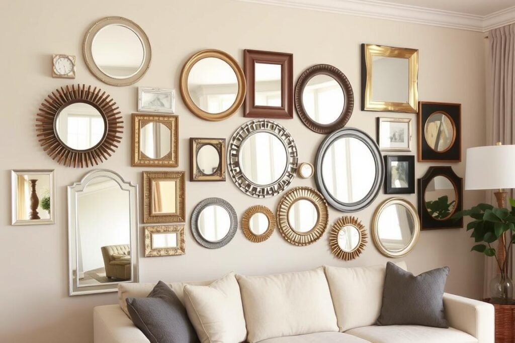 Gallery wall featuring collection of different sized and shaped mirrors Gallery wall featuring collection of different sized and shaped mirrors