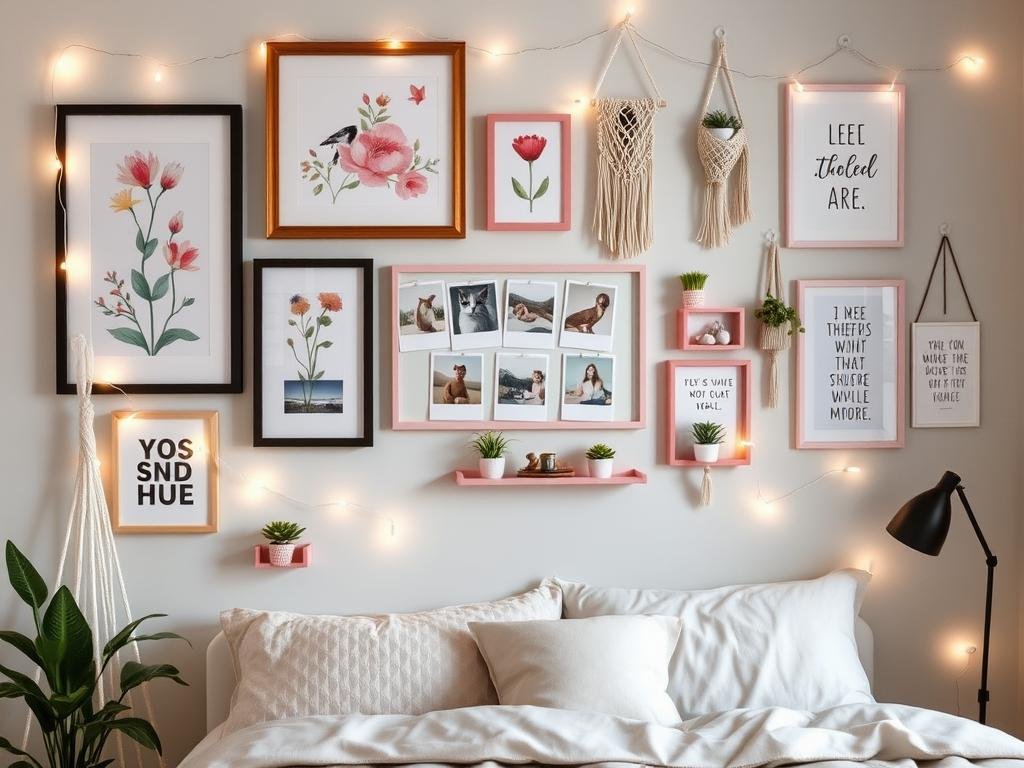 Gallery wall featuring cute wall decor items including framed art prints, photo collages, and decorative wall hangings in pastel colors Gallery wall featuring cute wall decor items including framed art prints, photo collages, and decorative wall hangings in pastel colors