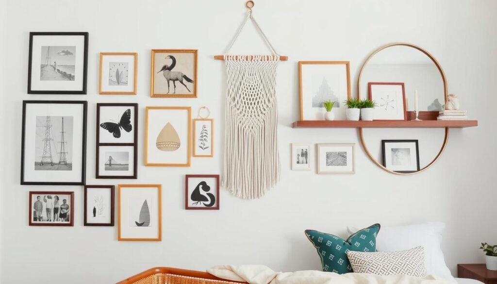 Gallery wall in bedroom featuring diverse art pieces and textural room decor bedroom elements Gallery wall in bedroom featuring diverse art pieces and textural room decor bedroom elements