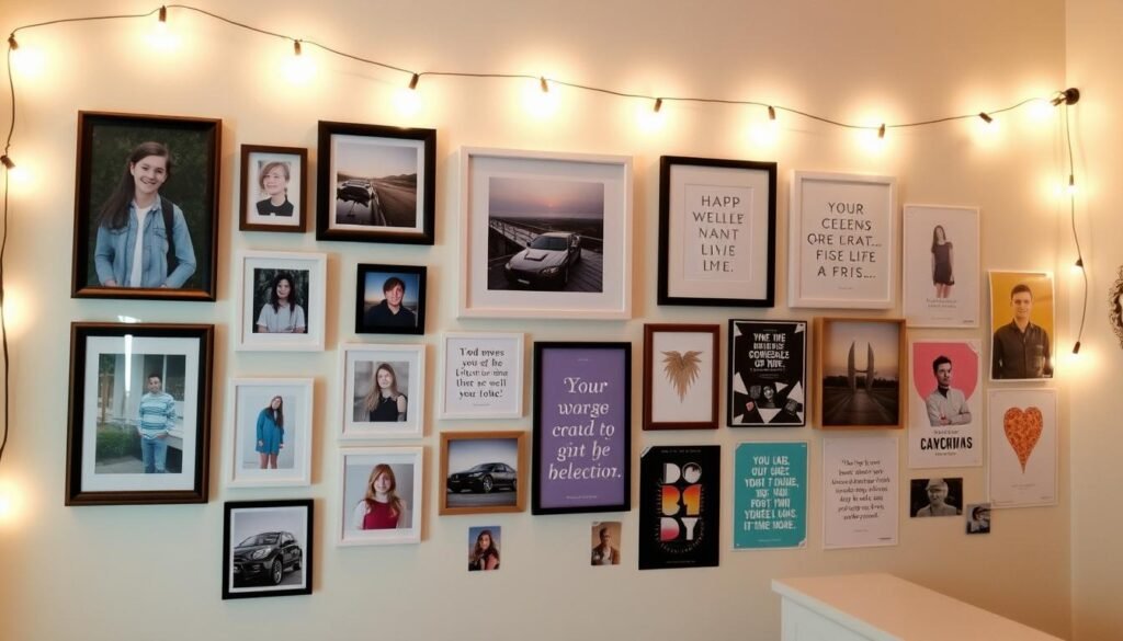 Gallery wall in dorm room with photos, prints and fairy lights Gallery wall in dorm room with photos, prints and fairy lights