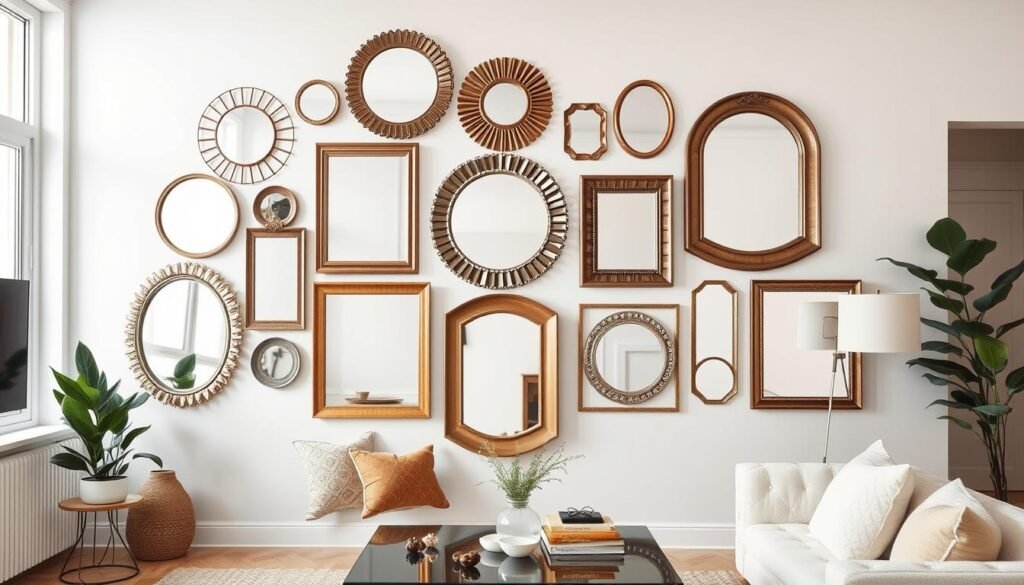 Gallery wall with multiple mirrors of different shapes and sizes Gallery wall with multiple mirrors of different shapes and sizes