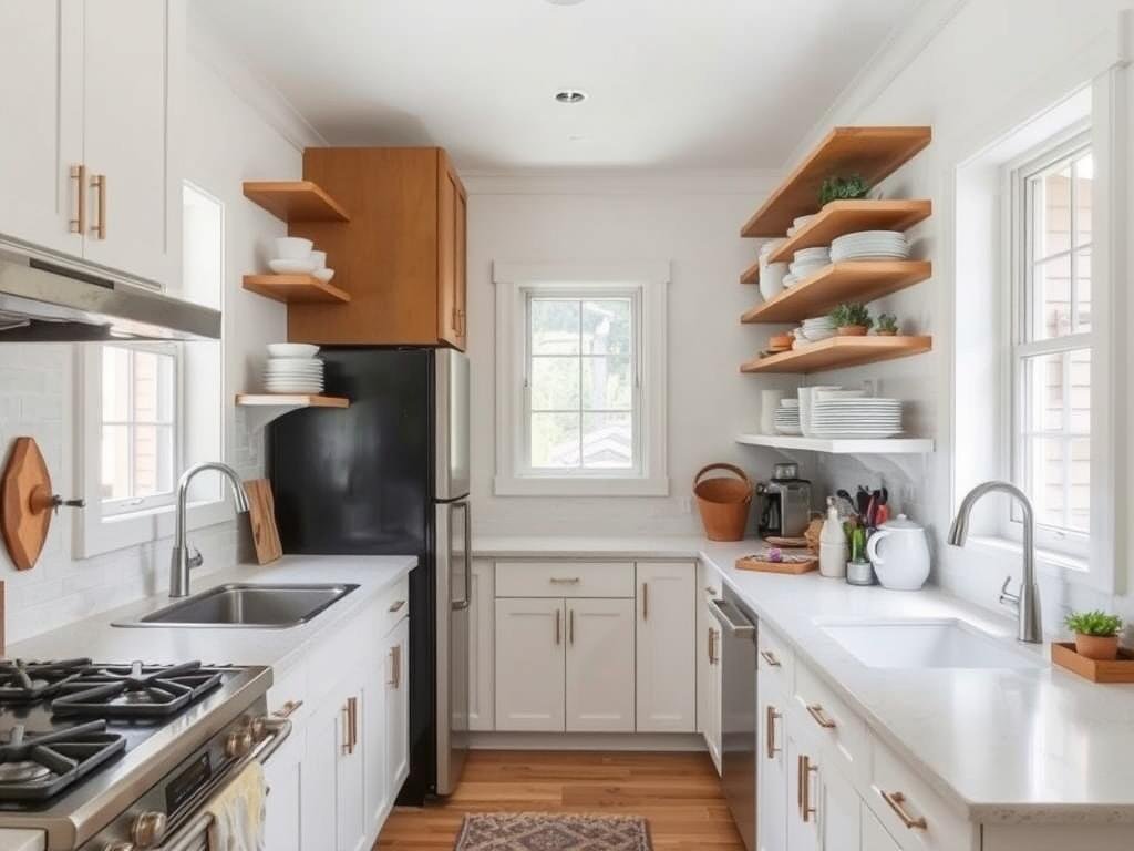 Galley kitchen with one side of upper cabinets removed and replaced with open shelving Galley kitchen with one side of upper cabinets removed and replaced with open shelving