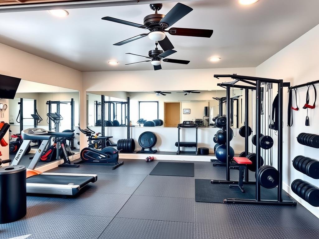 Garage converted into home gym with exercise equipment, mirrors, and rubber flooring Garage converted into home gym with exercise equipment, mirrors, and rubber flooring