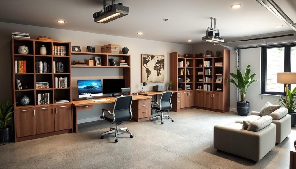 Garage converted into modern home office with desk, shelving, and comfortable seating Garage converted into modern home office with desk, shelving, and comfortable seating