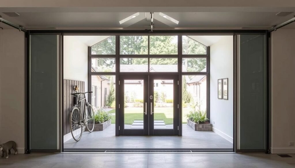 Garage door transformed into glass wall with French doors in living space conversion Garage door transformed into glass wall with French doors in living space conversion