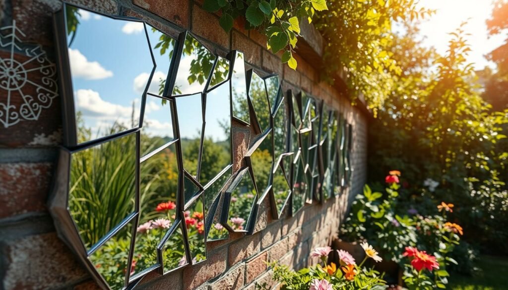 Garden art made from broken mirror pieces reflecting plants and sky Garden art made from broken mirror pieces reflecting plants and sky