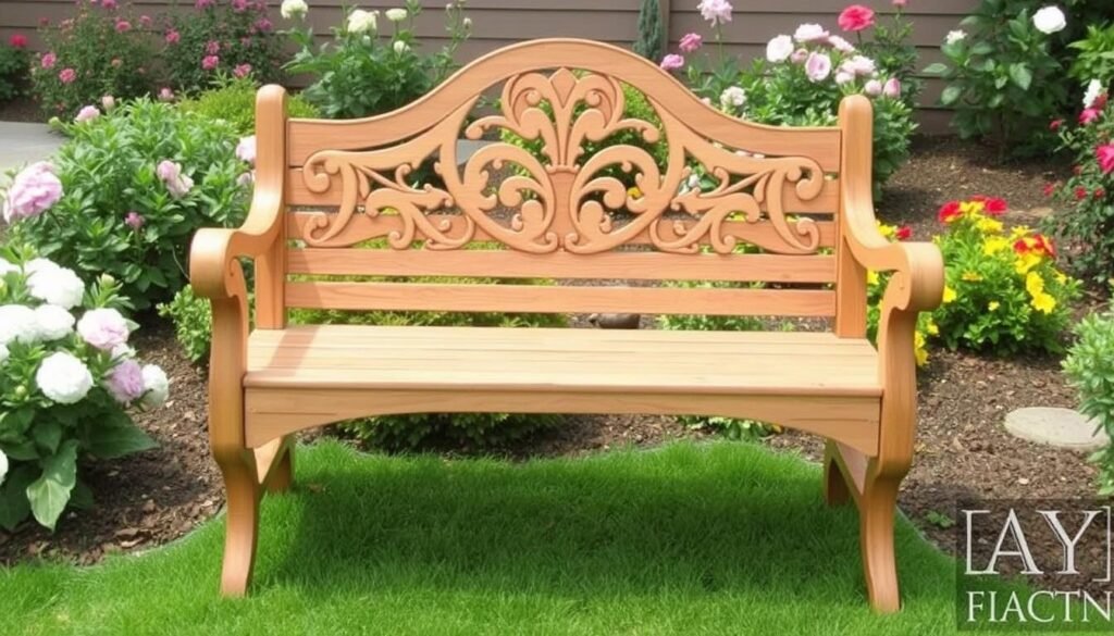 Garden bench with decorative back in a landscaped setting
