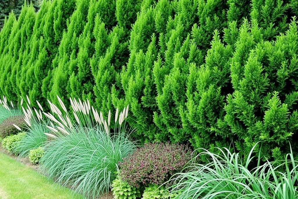 Garden border with mixed evergreen shrubs and ornamental grasses for privacy