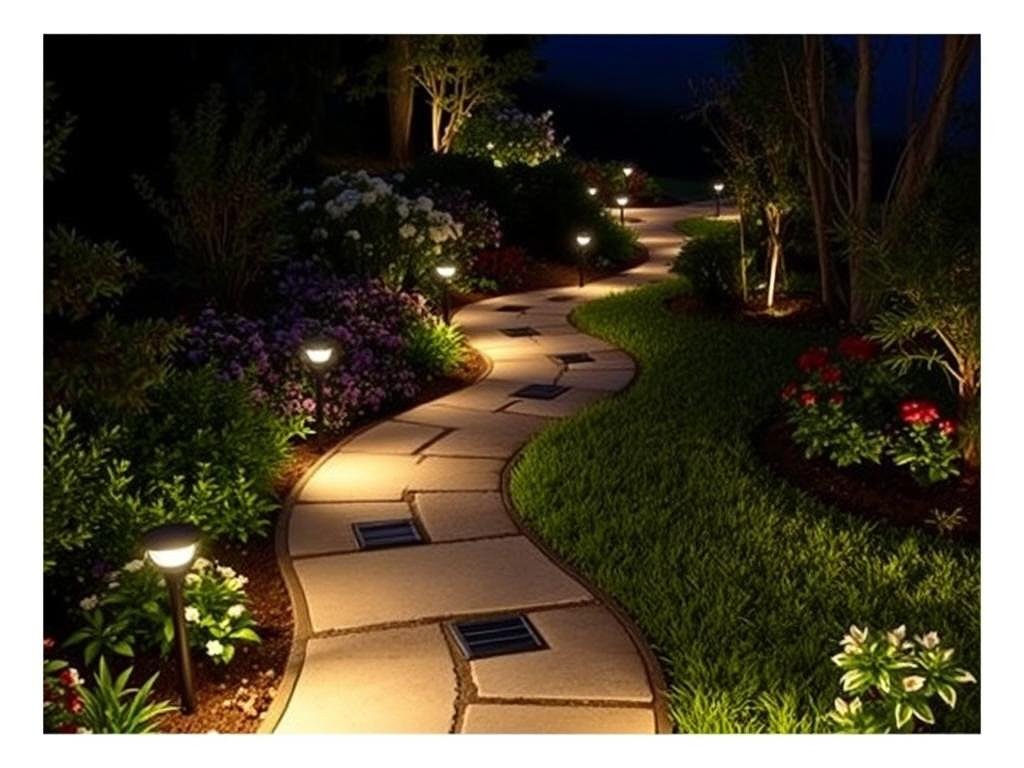 Garden pathway with solar lights illuminating the walkway