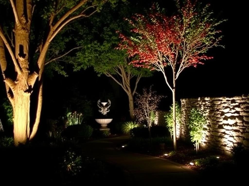 Garden with accent lighting highlighting trees and architectural features