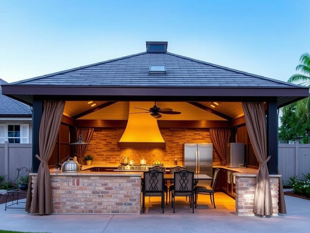 Gazebo covering outdoor kitchen and dining area